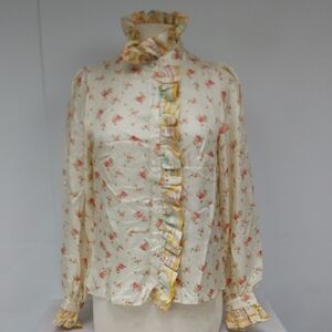 La Prestic Ouiston Floral 100% Silk Ruffle Blouse
